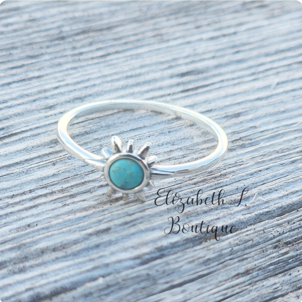 925 Sterling Silver Genuine Turquoise Sun Design Ring Boutique BNWT